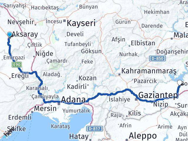 Aksaray Bozova Şanlıurfa Arası Kaç Km - Yol Haritası