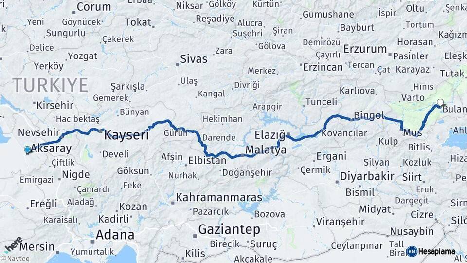 Aksaray Bulanık Muş Arası Kaç Km - Yol Haritası