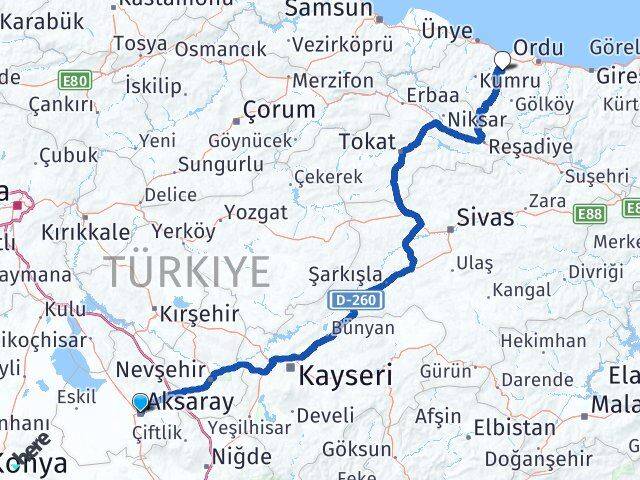 Aksaray Çamaş Ordu Arası Kaç Km - Yol Haritası