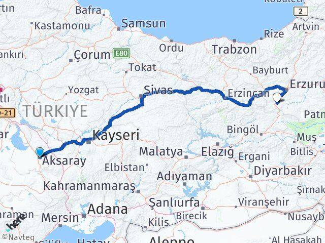 Aksaray Çat Erzurum Arası Kaç Km - Yol Haritası