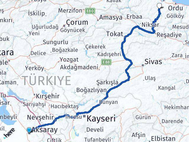 Aksaray Çatalpınar Ordu Arası Kaç Km - Yol Haritası