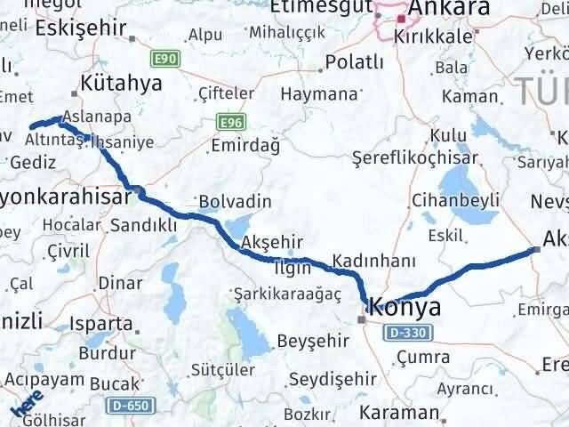 Aksaray Çavdarhisar Kütahya Arası Kaç Km - Yol Haritası