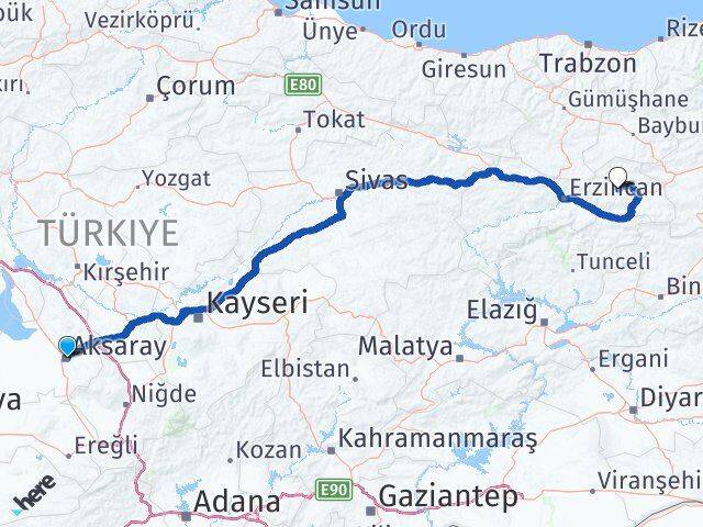 Aksaray Çayırlı Erzincan Arası Kaç Km - Yol Haritası
