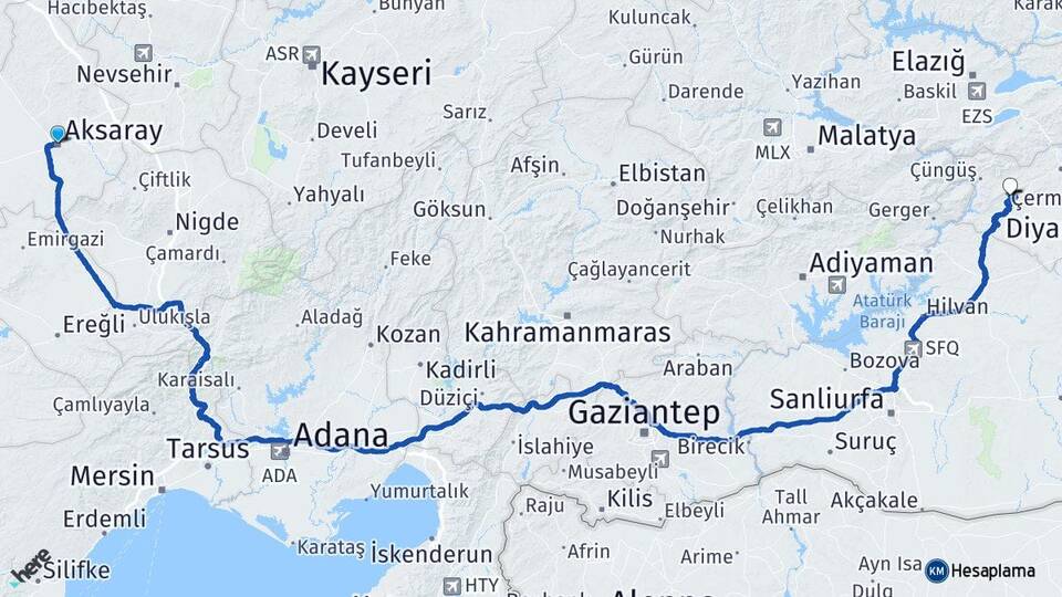 Aksaray Çermik Diyarbakır Arası Kaç Km - Yol Haritası
