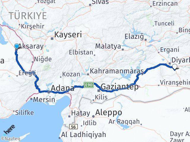 Aksaray Çınar Diyarbakır Arası Kaç Km - Yol Haritası