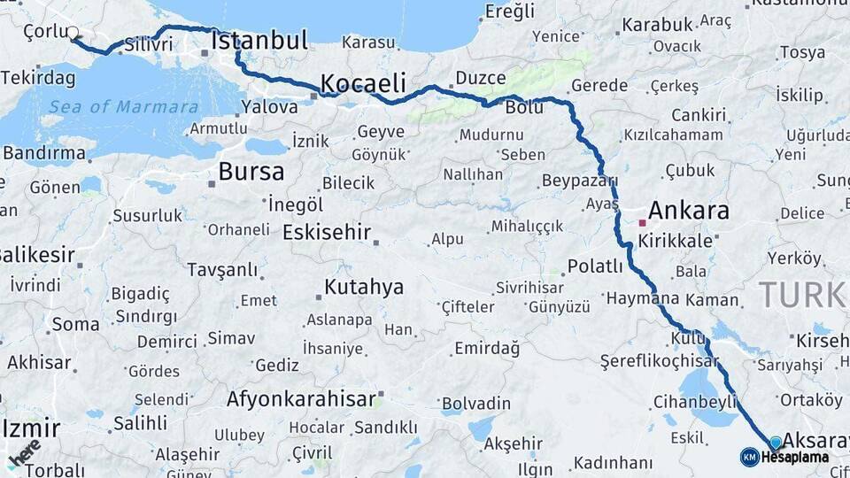 Aksaray Çorlu Tekirdağ Arası Kaç Km - Yol Haritası