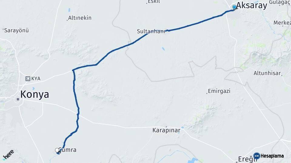 Aksaray Çumra Konya Arası Kaç Km - Yol Haritası