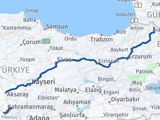 Aksaray Damal Ardahan Arası Kaç Km - Yol Haritası