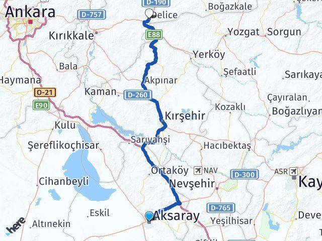 Aksaray Delice Kırıkkale Arası Kaç Km - Yol Haritası