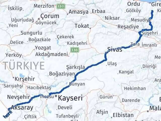 Aksaray Dereli Giresun Arası Kaç Km - Yol Haritası