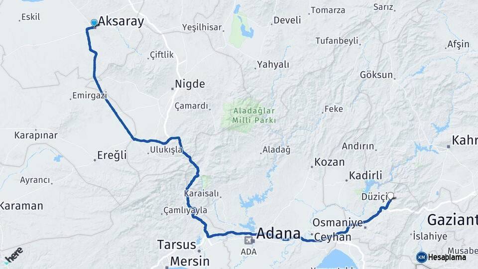 Aksaray Düziçi Osmaniye Arası Kaç Km - Yol Haritası