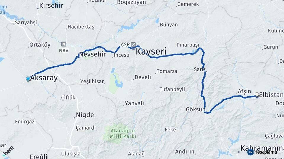 Aksaray Elbistan Kahramanmaraş Arası Kaç Km - Yol Haritası