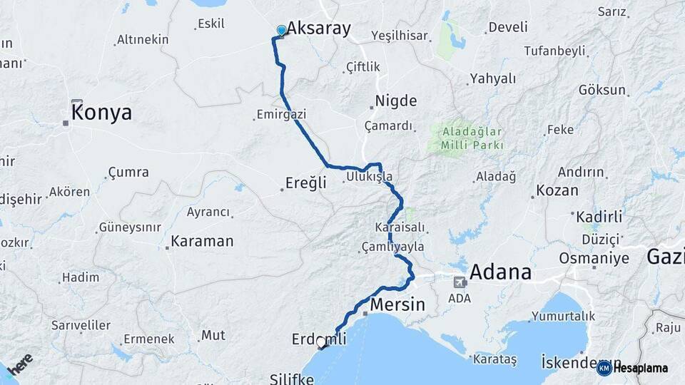 Aksaray Erdemli Mersin Arası Kaç Km - Yol Haritası