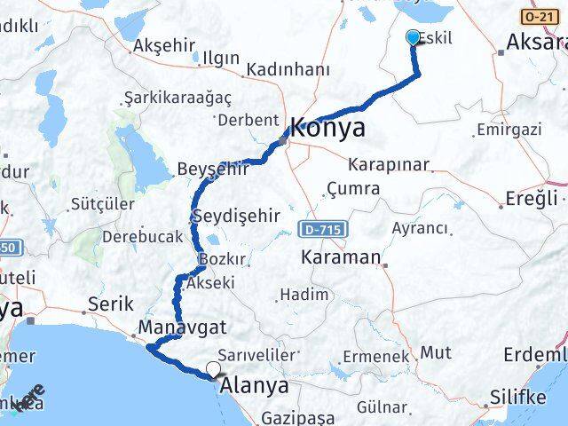 Aksaray Eskil Alanya Antalya Arası Kaç Km - Yol Haritası