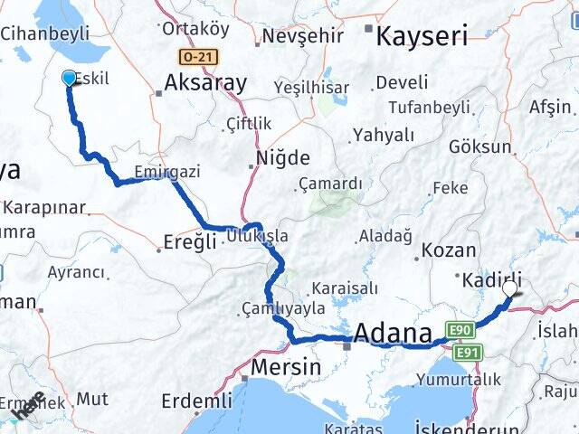 Aksaray Eskil Düziçi Osmaniye Arası Kaç Km - Yol Haritası