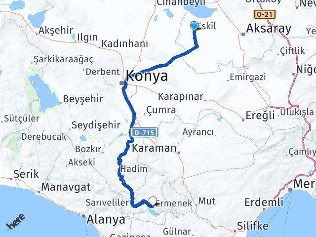 Aksaray Eskil Ermenek Karaman Arası Kaç Km - Yol Haritası