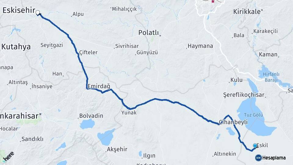 Aksaray Eskil Eskişehir Arası Kaç Km - Yol Haritası