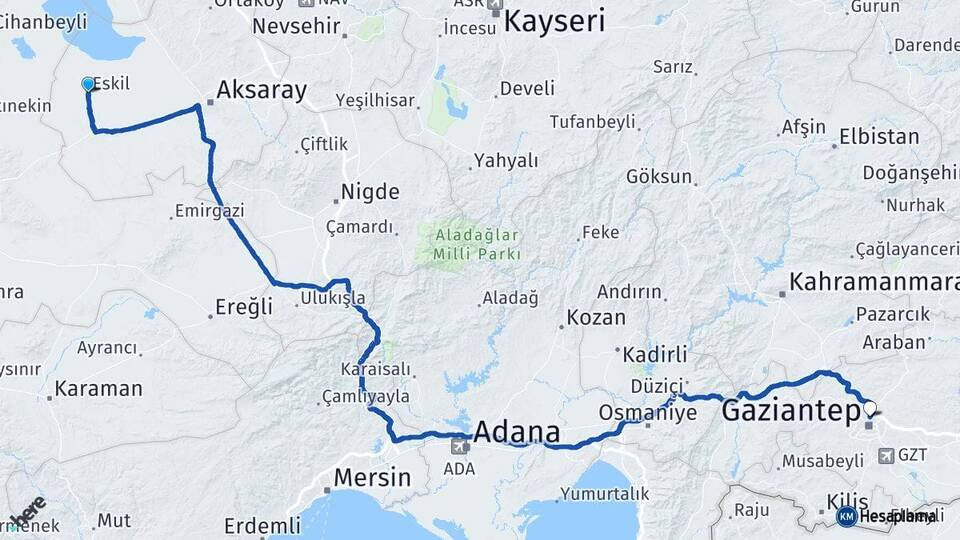 Aksaray Eskil Gaziantep Arası Kaç Km - Yol Haritası