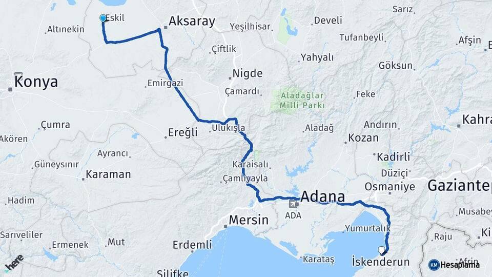 Aksaray Eskil İskenderun Hatay Arası Kaç Km - Yol Haritası