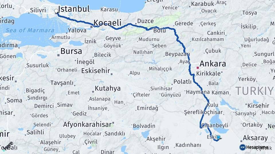 Aksaray Eskil İstanbul Arası Kaç Km - Yol Haritası
