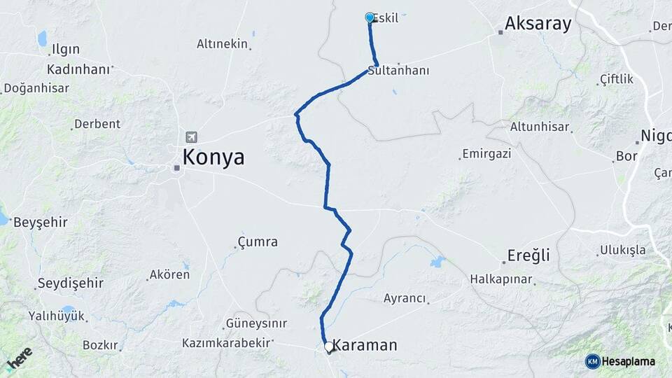 Aksaray Eskil Karaman Arası Kaç Km - Yol Haritası