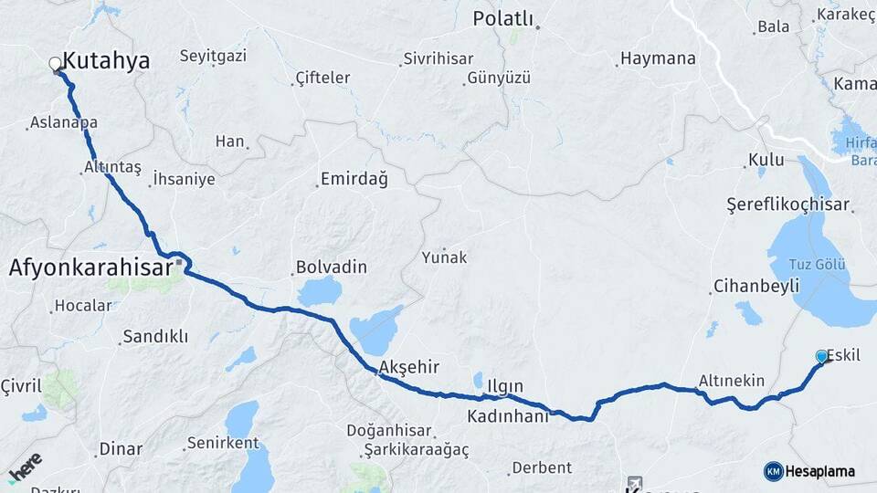 Aksaray Eskil Kütahya Arası Kaç Km - Yol Haritası