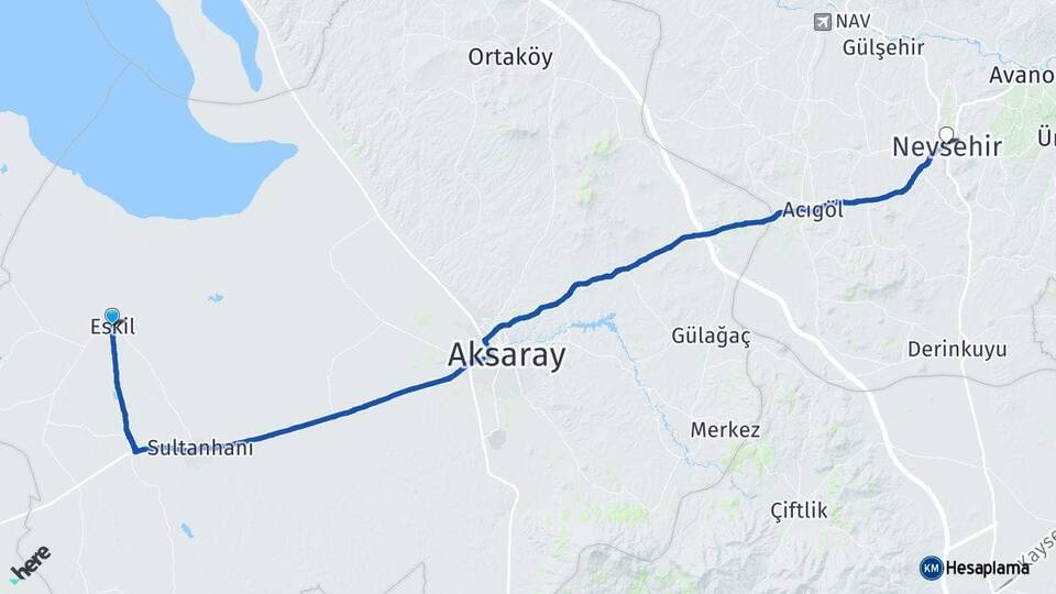 Aksaray Eskil Nevşehir Arası Kaç Km - Yol Haritası