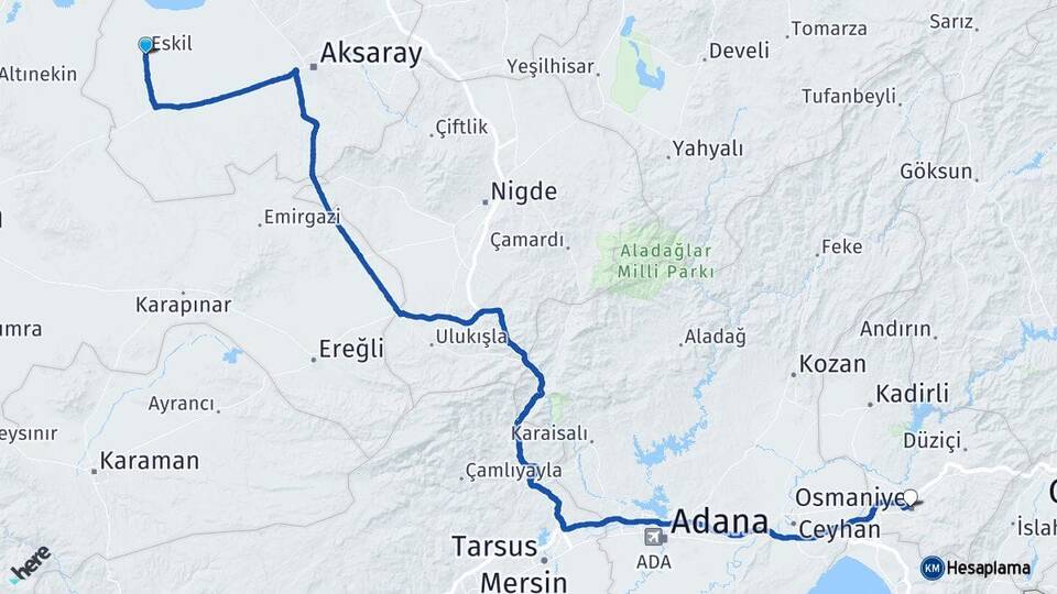 Aksaray Eskil Osmaniye Arası Kaç Km - Yol Haritası