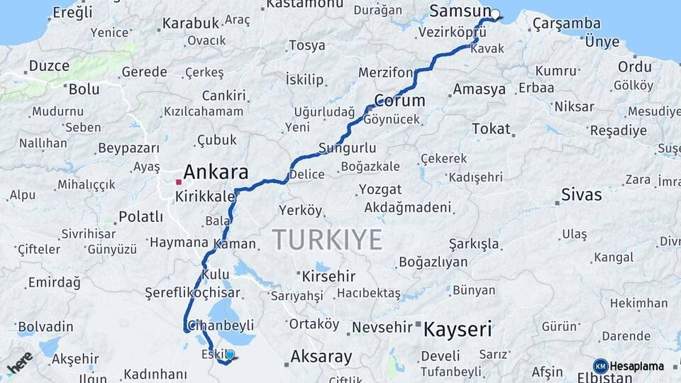 Aksaray Eskil Samsun Arası Kaç Km - Yol Haritası