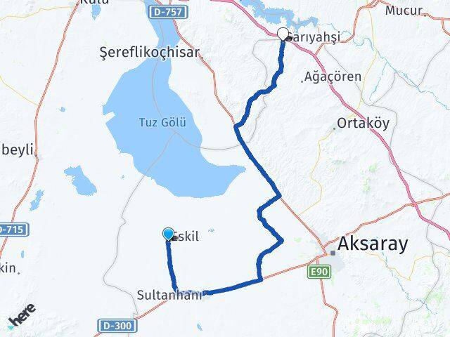 Aksaray Eskil Sarıyahşi Arası Kaç Km - Yol Haritası