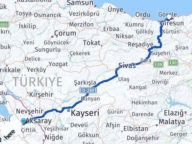 Aksaray Espiye Giresun Arası Kaç Km - Yol Haritası