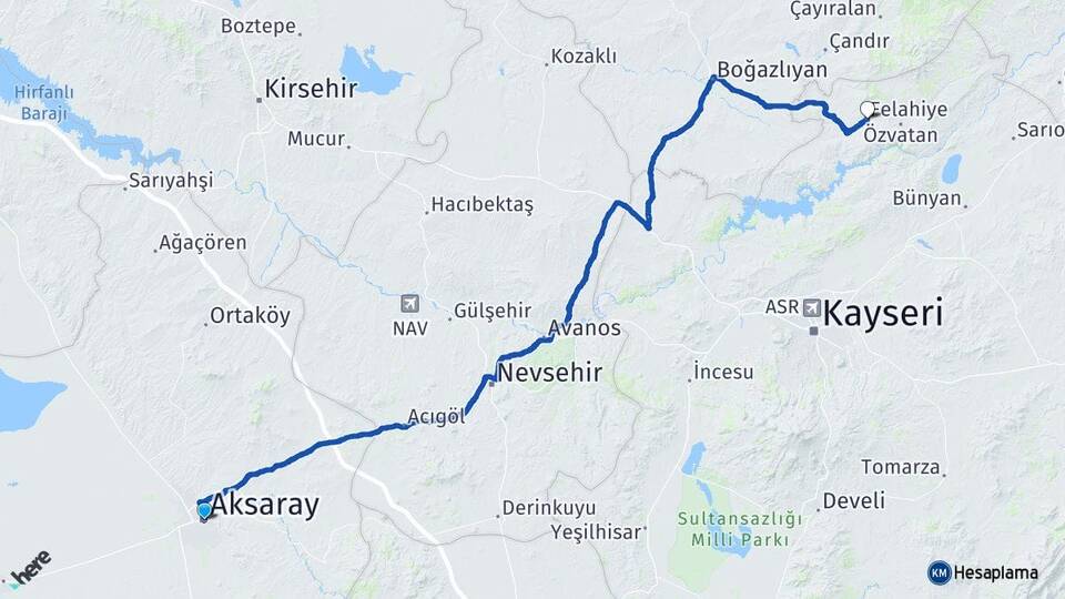 Aksaray Felahiye Kayseri Arası Kaç Km - Yol Haritası