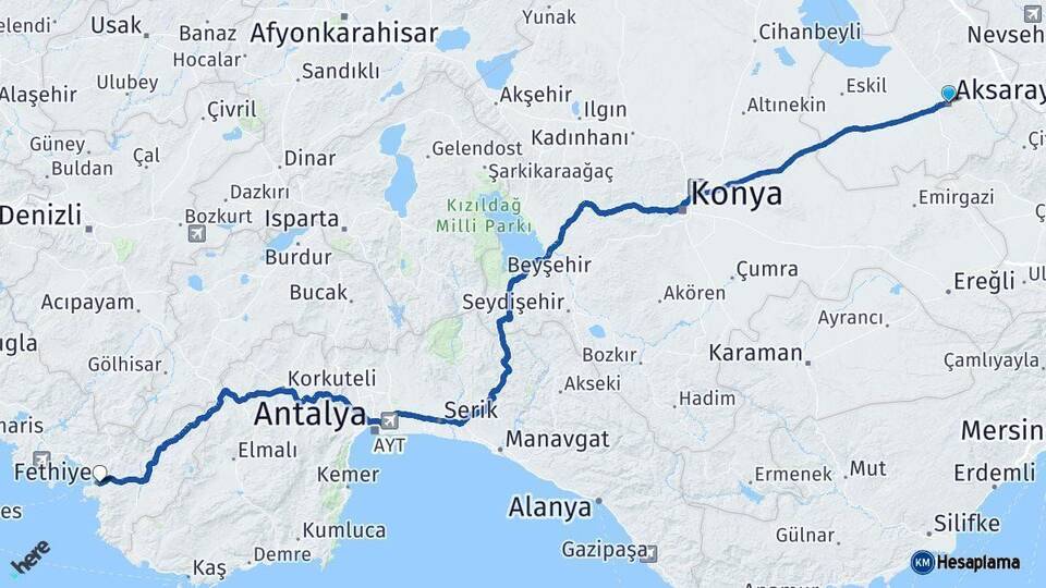 Aksaray Fethiye Muğla Arası Kaç Km - Yol Haritası