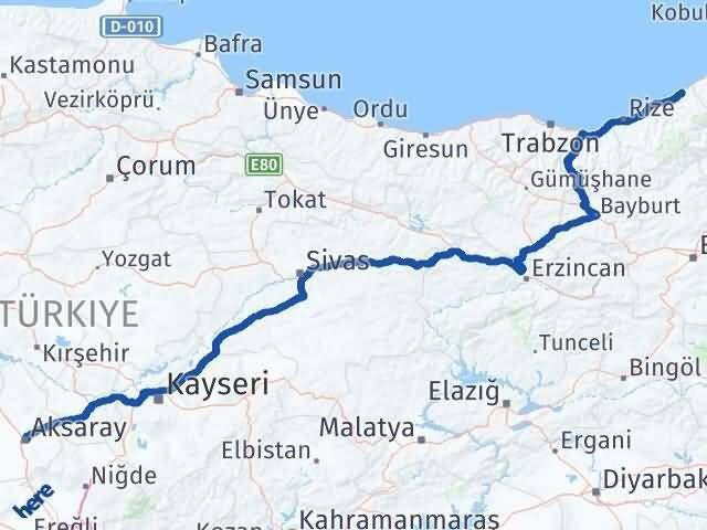 Aksaray Fındıklı Rize Arası Kaç Km - Yol Haritası