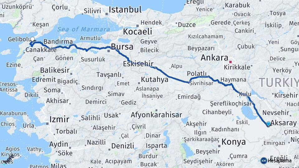 Aksaray Gelibolu Çanakkale Arası Kaç Km - Yol Haritası