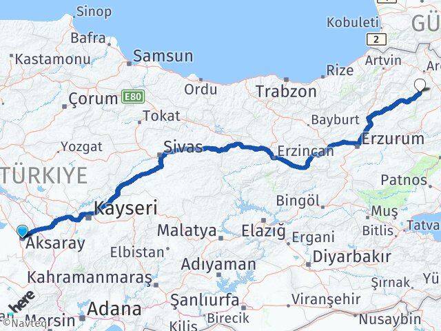 Aksaray Göle Ardahan Arası Kaç Km - Yol Haritası