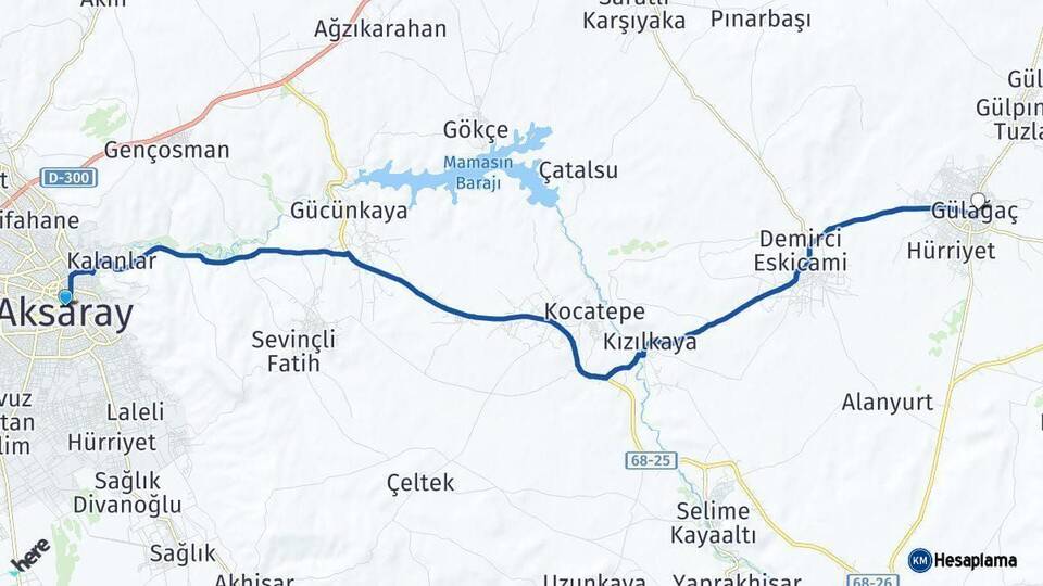 Aksaray Gülağaç Arası Kaç Km - Yol Haritası
