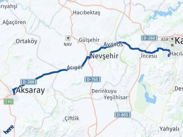 Aksaray Hacılar Kayseri Arası Kaç Km - Yol Haritası