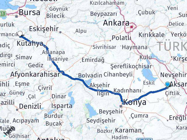 Aksaray Harmancık Bursa Arası Kaç Km - Yol Haritası