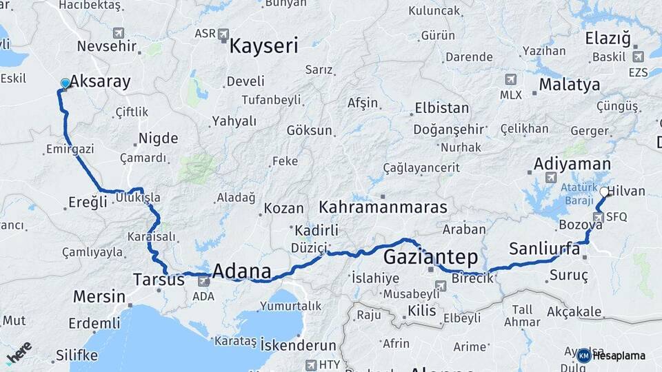 Aksaray Hilvan Şanlıurfa Arası Kaç Km - Yol Haritası