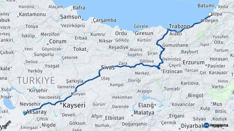 Aksaray Hopa Artvin Arası Kaç Km - Yol Haritası