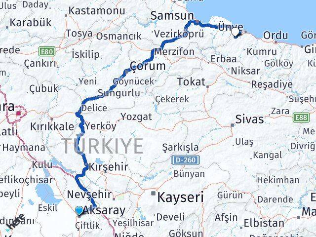 Aksaray İkizce Ordu Arası Kaç Km - Yol Haritası