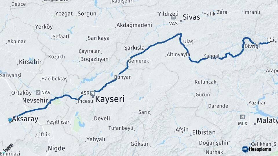 Aksaray İliç Erzincan Arası Kaç Km - Yol Haritası