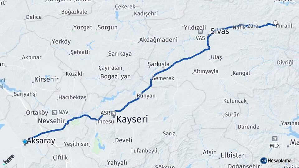 Aksaray İmranlı Sivas Arası Kaç Km - Yol Haritası