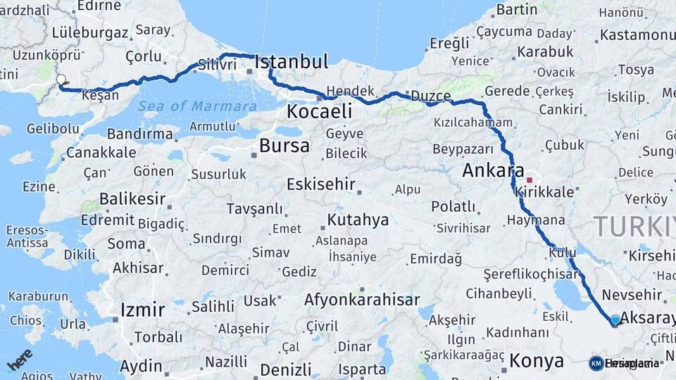 Aksaray İpsala Edirne Arası Kaç Km - Yol Haritası