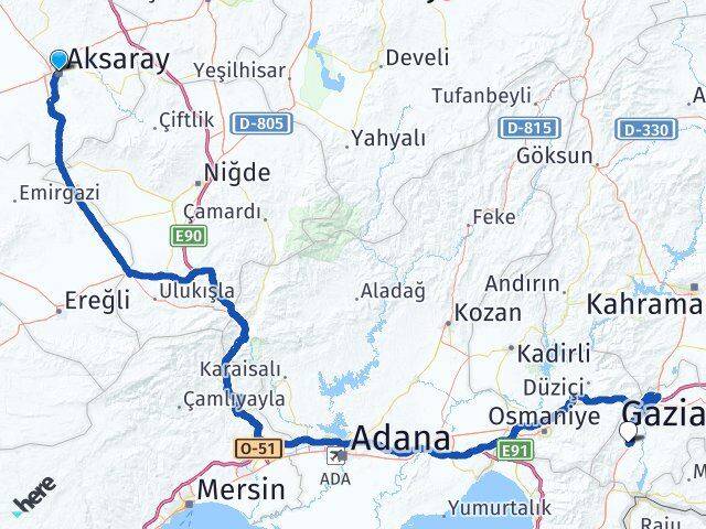 Aksaray İslahiye Gaziantep Arası Kaç Km - Yol Haritası