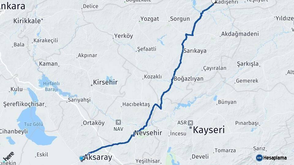 Aksaray Kadışehri Yozgat Arası Kaç Km - Yol Haritası