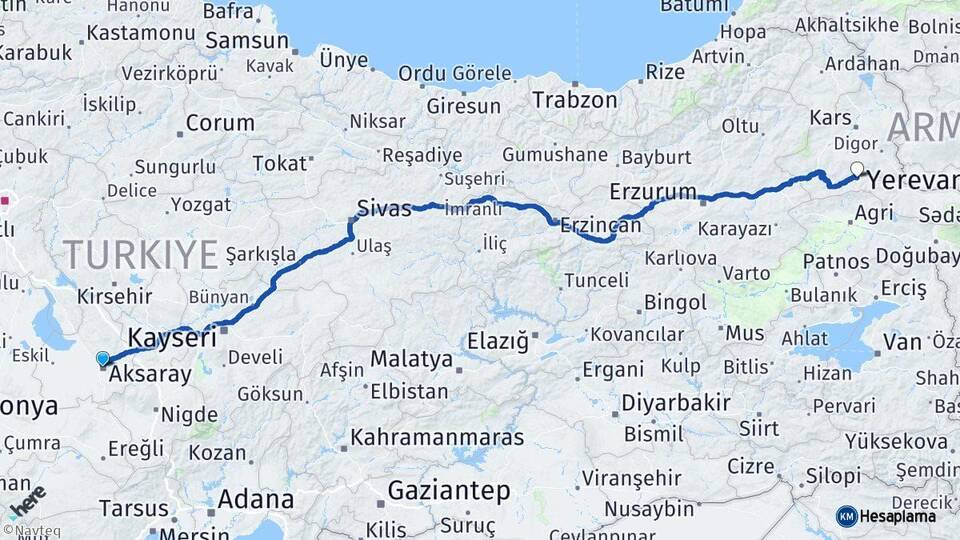 Aksaray Kağızman Kars Arası Kaç Km - Yol Haritası