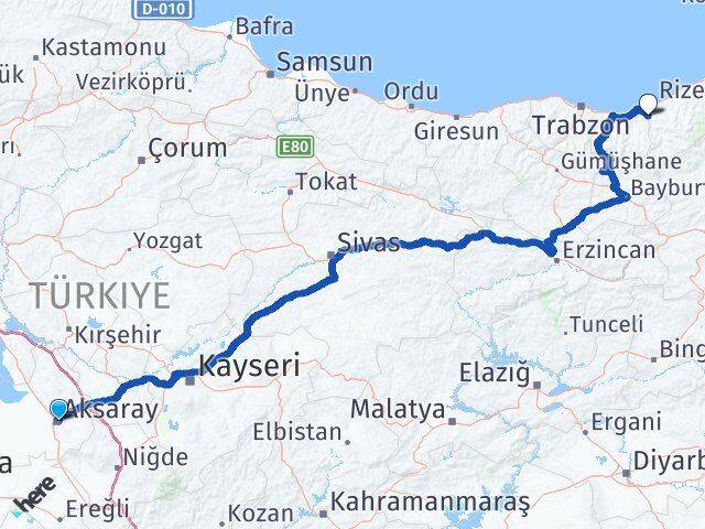 Aksaray Kalkandere Rize Arası Kaç Km - Yol Haritası