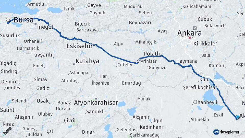 Aksaray Karacabey Bursa Arası Kaç Km - Yol Haritası